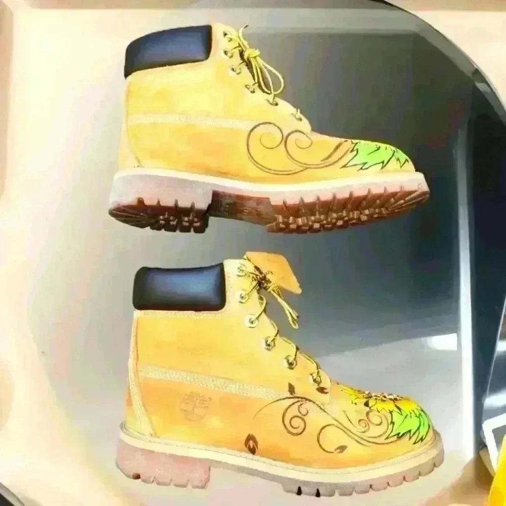 623hc. Custom Hand Painted Sunflower Timberland Premium Waterproof Boots Wheat - Picture 9 of 12